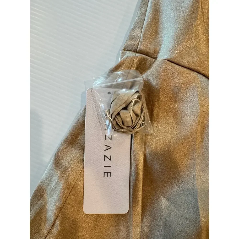 Azazie Leonis Champagne Gold Metallic Satin Mermaid Gown NWT A8 Formal Evening - Picture 4 of 16